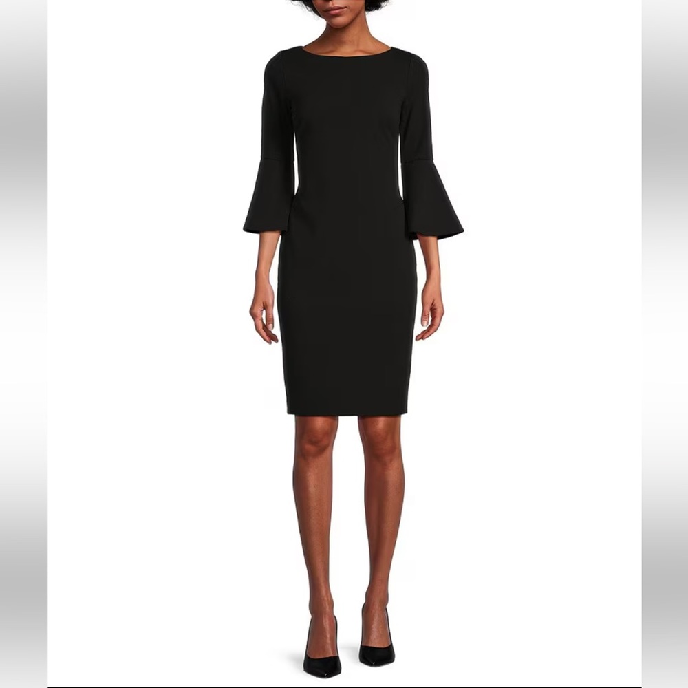 Calvin Klein Black Sheath Dress with Bateau Neckline and 3/4 Bell Sleeve